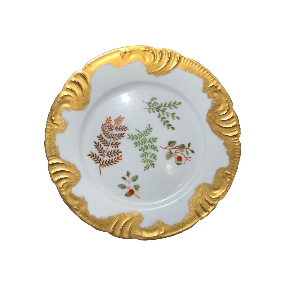 Limoges France Gold Trim Plate Late 1800s Botanical Leaves Ferns CFH/GDM Rare